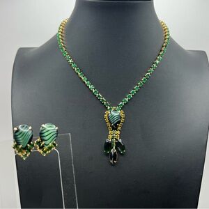 Elegant Green and Black Vintage Zebra Glass Rhinestone Necklace & Earring Set